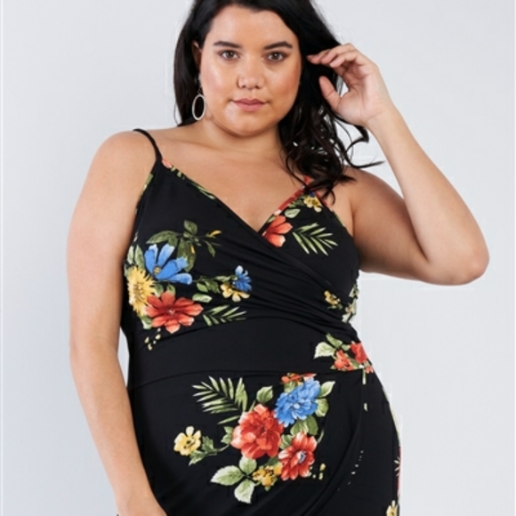 Plus Size Black Floral Wrap Skort Romper - Picture 3 of 7
